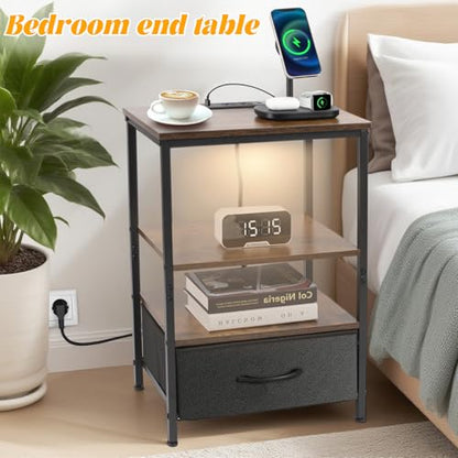 Night Stand with Charging Station, Bedside Table with Adjustable Fabric Drawers, End Table with LED Lights, Side Table with USB Ports Open Shelf for Bedroom, Black - color: Black