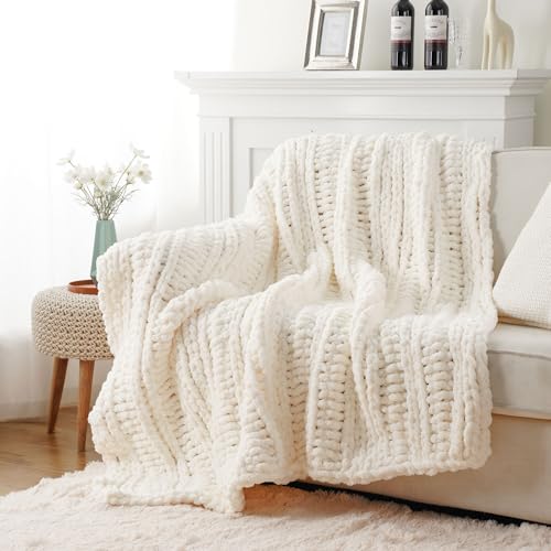 Battilo Chunky Knit Throw Blanket for Couch, 50"x60", White Cream | Hand Knit with Chunky Yarn, Super Soft Chenille Throw Blanket, Cozy Blanket, Farmhouse Throw Blanket for Living Room - color: Cream White