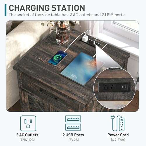 Farmhouse End Table with Charging Station, 24" Large Sofa Side Table with Drawer, Large End Table for Living Room, Wooden Nightstand with Outlet, Square, Dark Rustic Oak - color: Dark Rustic Oak