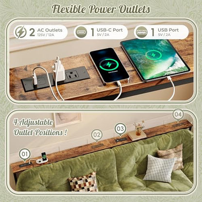 Huuger 110.2 Inch Sofa Table with Power Outlets, 23.9’’-34.4’’ Height Adjustable Range, Behind Couch Table with USB-C Ports, Sofa Tables Narrow Long, Skinny Console Table, Small Spaces, Rustic Brown - color: Rustic Brown, size: 110.2''W x 23.9''-34.4''H