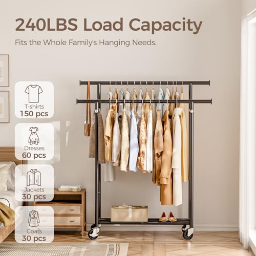 HYSEYY Clothes Rack, Double Rods Rolling Clothing Rack for Hanging Clothes, Portable Garment Rack with Wheels, Coat Rack Wardrobe Closet Load 240 LBS for Bedroom Laundry Room (Black, L) - color: Black, size: L