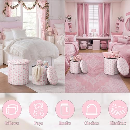 Geetery 2 Pcs Dorm Ottoman with Storage Set Pink Bow Ottoman | Vanity Stool with Storage for Bedroom Coffee Table Small Coquette Foot Stool for Girls Living Room College Dorm Essentials - style: Pink Bow Pattern