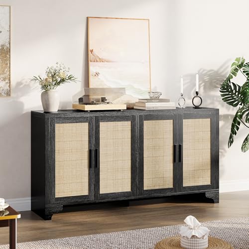Rattan Sideboard Cabinet, 4-Door Buffet Storage for Entryway Living Room | Adjustable shelves and compartments organize shoes, decor, tableware, and essentials for apartments, homes, & family spaces.