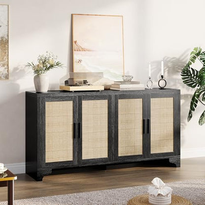 Rattan Sideboard Cabinet, 4-Door Buffet Storage for Entryway Living Room | Adjustable shelves and compartments organize shoes, decor, tableware, and essentials for apartments, homes, & family spaces.