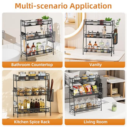 VITVITI 3 Tier Bathroom Organizer Countertop, Counter Storage Shelf, Black | Metal Wire Mesh Bathroom Counter Organizer with Basket Hooks, Vanity Tray, Kitchen Spice Rack - color: 3 Tier Large Black