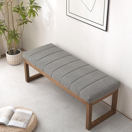 Zihanhome 52.7" Bedroom Bench for End of Bed, Modern Upholstered Teddy Fabric Entryway Bench & Dining Bench, Footrest Stool Bench with Solid Wood Frame for Bedroom, Living Room (Light Grey) - color: Light Grey