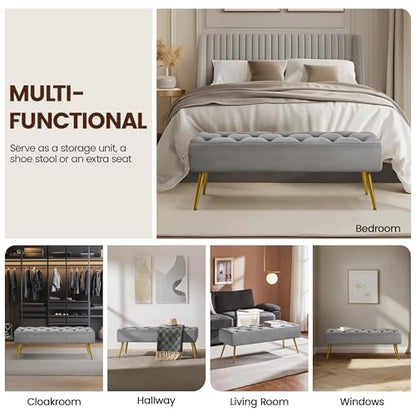 Yaheetech 45in Upholstered Velvet Ottoman Bench Seat with Gold Legs, Gray | Tufted Upholstered Bench Seat, Bed Bench with Tapered Gold Metal Legs, Sized for Window Seat Entryway Living Room - color: Grey