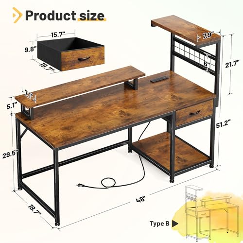 EnHomee 48" Computer Desk with Drawer & Storage Shelves for Bedroom & Dorm | Drawer, Storage Shelves & PC Stand; Store Gaming Supplies and Tower Case for Tidy Study and Gaming Workspace, Rustic Brown - color: Rustic Brown, size: 48" W