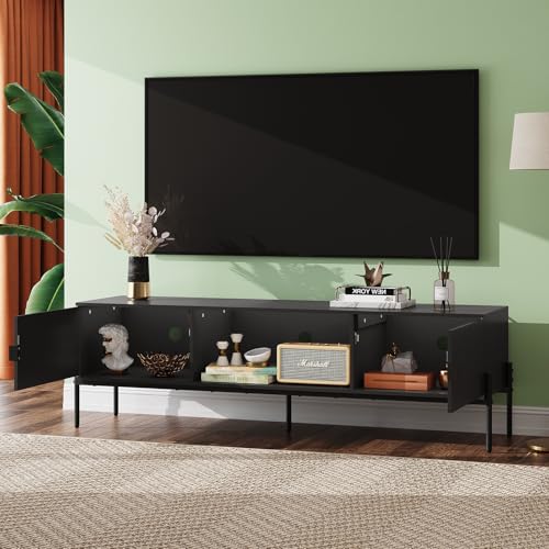 WLIVE 58" TV Stand for 65 Inch TVs, Mid Century Modern Entertainment Center with 2 Storage Cabinets & Open Shelf, Media Console Table with Metal Legs for Living Room, Bedroom, Black - color: Black