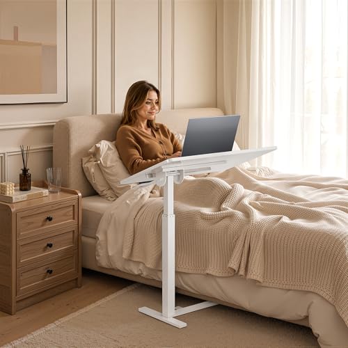 Mobile Standing Desk Adjustable Overbed Table, Pneumatic Height Adjustable Rolling Laptop Desk with Hidden Wheels, 0-180°Tilt Top Rolling Computer Cart Foldable for Home Office, Craft & Study, White - color: White, style: Fully Tiltable