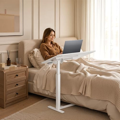 Mobile Standing Desk Adjustable Overbed Table, Pneumatic Height Adjustable Rolling Laptop Desk with Hidden Wheels, 0-180°Tilt Top Rolling Computer Cart Foldable for Home Office, Craft & Study, White - color: White, style: Fully Tiltable