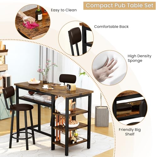 Recaceik 3 Piece Bar Dining Table Set, Modern Bar Table and Stools for 2, Kitchen Counter Height Dining Table Set with 4 Storage, Breakfast Nook Set Pub Table with Backrest - size: 47 inches