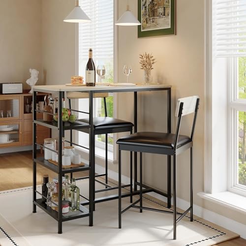 GarveeLife Dining Table Set for 2, Counter Height Bar Table Set with Storage ＆ Stools, High Top Pub Table and Chairs for Kitchen, Dining Room, Sofa Side, Apartment, Breakfast Nook - color: Oak