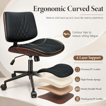 Armless Office Chair, Small Comfy Leather Desk Chair with Wheels | PU Leather, Adjustable Height, Swivel Rolling, Mid Back Computer Chair, Home Bedroom Meeting Room, Black - color: Black