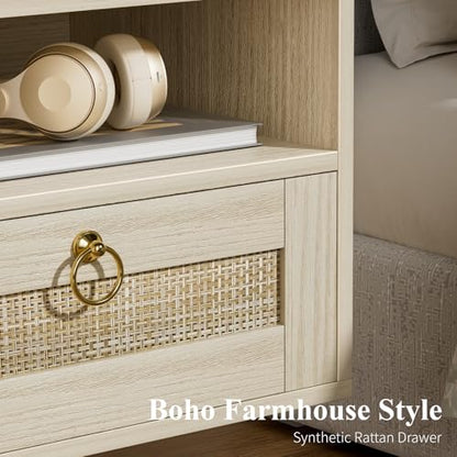 Floating Nightstand Set of 2 with Drawer for Wall Mounted Hanging Rattan Night Stand Bed Side Tables Wooden End Table Small Boho Dressers for Bedroom Farmhouse Shelves with Drawers