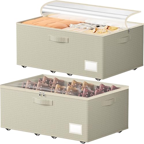 Dayacoco Under Bed Storage With Wheels,10in Underbed Storage Containers 65L | Large Capacity Underbed Storage, No Assembly Required Rolling Under Bed Storage for Clothes Blankets Shoes Beige - size: 10.1 inch height-beige