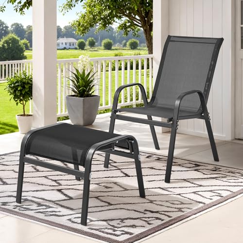 Outdoor Ottoman Set of 2, Oversized Outdoor Foot Rest, Black | Stackable, All Weather Outdoor Foot Stool, Supportive Textliene, Metal Frame, Patio Garden Pool Furniture - color: Black