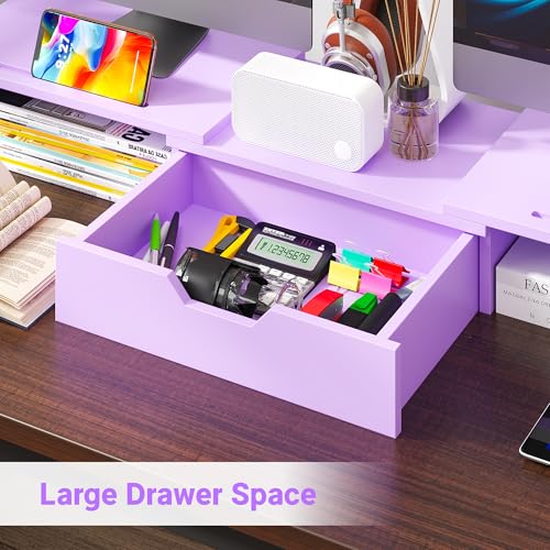 Dual Monitor Stand with USB Ports Wood Monitor Stand Riser with Drawer | Adjustable Desk Shelf,Desk Organizer for Computer,Laptop,Study&Office,No Assembly Required,Pink