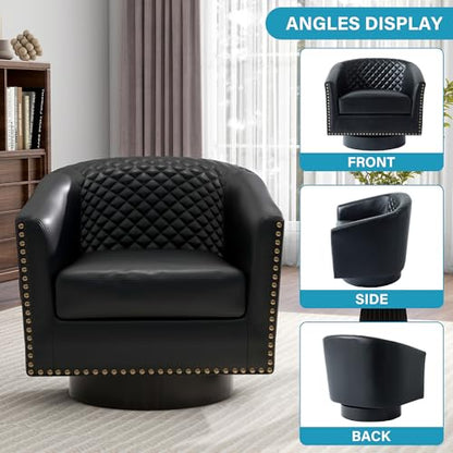 Faux Leather Swivel Accent Chair, Modern Barrel Club Armchair, Black | Comfy Living Room Chair, Modern Nailhead Trim Round Armchair Bedroom Reading Seat with Removable Cushion, Wood Frame - color: Retro Black