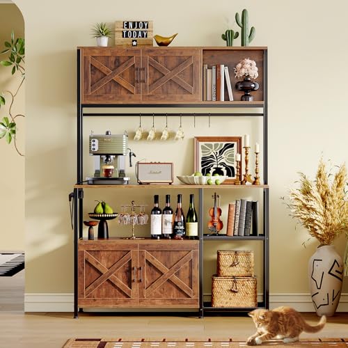 Huuger Large Bakers Rack with Power Outlet, Kitchen Microwave Stand with Cabinets, Coffee Bar Table Station with Storage, 6 S-Shaped Hooks, Mesh Shelves, 45 Inch Wooden Top, Rustic Brown - color: Rustic Brown
