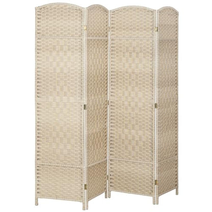 HOMCOM 4 Panel Room Divider 6 Ft Privacy Screen Hand-Woven Washed Oak | Folding PP Wall Partition, Pine Wood Frame, Freestanding Room Separator, Bedroom Home Office, No Assembly - color: Washed Oak, size: 4 Panel