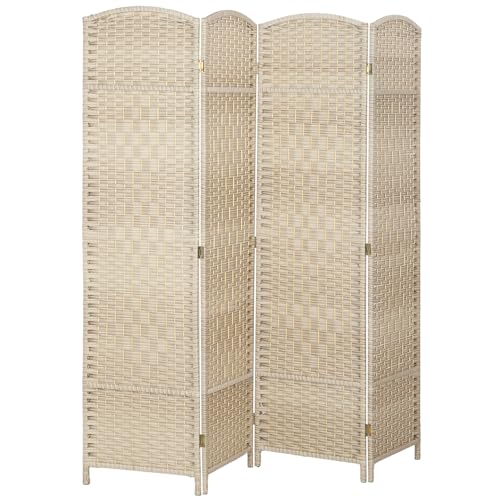 HOMCOM 4 Panel Room Divider 6 Ft Privacy Screen Hand-Woven Washed Oak | Folding PP Wall Partition, Pine Wood Frame, Freestanding Room Separator, Bedroom Home Office, No Assembly - color: Washed Oak, size: 4 Panel