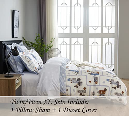 DAUAOTO Kids Duvet Cover Twin Size Set, Boys Cotton Bedding Road Map Landscape Pattern, 1 Zipper Closure 68x86 Cover + 1 Sham, Blue Town - color: Pattern 7#, size: 68"x86" Twin Cover + 1 Sham