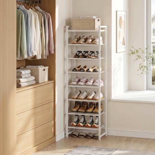 Narrow Shoe Rack 8-Tier, Tall Shoe Organizer for Small Spaces | White, Holds Up to 18 Pairs, for Closets, Entryways, Garage, Dorm Rooms, Reinforced Wire Shelves, Wood Top - color: White, size: 8 Tier