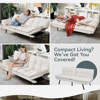 Futon Sofa Bed Convertible Couch, White Faux Leather Sofa Bed | Adjustable Backrest & Armrests, Multifunctional Small Loveseat Sleeper Sofa for Living Room, Apartment, Office, Foam Couch - color: A7 | White