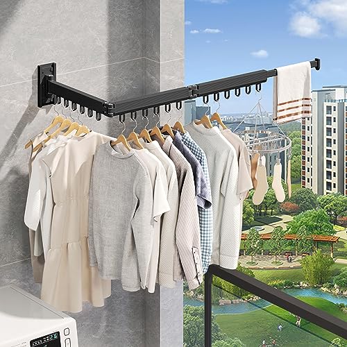 Wall Mounted Foldable Clothes Drying Rack, Heavy Duty 3-Fold Laundry Airer with Ring Hook Design, Space Saving Aluminum Rack for Balcony Bathroom Laundry Room,Black Rings - style: Black-Rings
