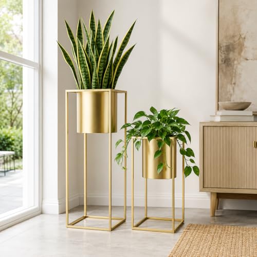 TRIROCKS Set of 2 Large Planters with Stand Gold Planter for Indoor Plants 28 &18" H Morden Plant Pots for Living Room Corner Kitchen Office Garden Balcony Patio Decor(Gold) - color: Gold 1