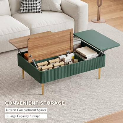 HLR 47" Dual Lift Top Coffee Table with Storage, Modern Wood Fluted Coffee Table with Hidden Compartment,Lift Tabletop Dining Center Table for Living Room, Office (Green)
