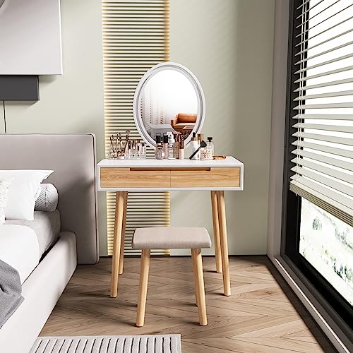 YOURLITE Makeup Vanity Desk with Lighted Mirror & Stool | 31.5" Makeup Table, 3 Lighting Modes, Adjustable Brightness, 2 Drawers, Cushioned Stool, Oval Mirror - size: 31.5", style: Oval Mirror Wood