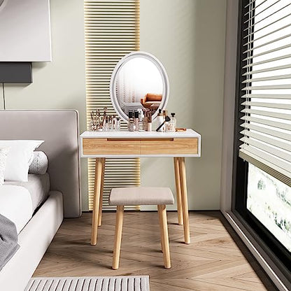 YOURLITE Makeup Vanity Desk with Lighted Mirror & Stool | 31.5" Makeup Table, 3 Lighting Modes, Adjustable Brightness, 2 Drawers, Cushioned Stool, Oval Mirror - size: 31.5", style: Oval Mirror Wood