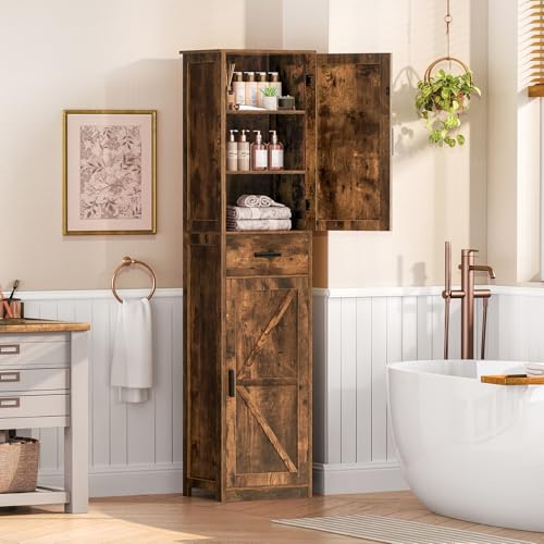 TEENFON Tall Bathroom Cabinet, Storage Cabinet with 6 Shelves & Drawer, Bathroom Storage Cabinet with Adjustable Shelves, Tall Cabinet for Living Room, Home Office, Brown - color: Brown