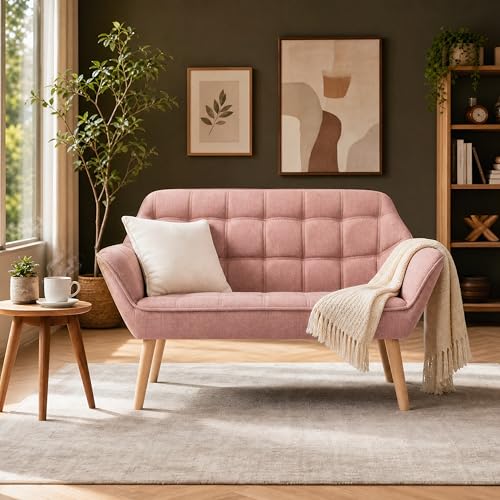 48”Small Loveseat Sofa, Modern Linen Upholstered Mini Couch 2-Seater Fluffy Love Seat with Quilting Backs and Wood Legs for Small Space Living Room, Bedroom, Pink - color: Pink, size: Loveseat