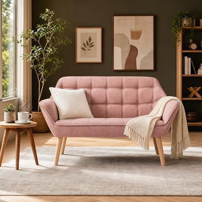48”Small Loveseat Sofa, Modern Linen Upholstered Mini Couch 2-Seater Fluffy Love Seat with Quilting Backs and Wood Legs for Small Space Living Room, Bedroom, Pink - color: Pink, size: Loveseat