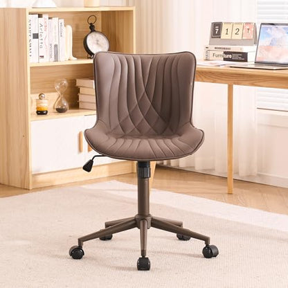 YOUTASTE Armless Office Desk Chair with Wheels, Adjustable Swivel Vanity Chair, PU Leather Upholstered, Ergonomic Back Support, Modern All Brown Computer Chair for Home Office, Bedroom, Study - color: All Brown