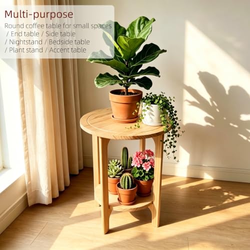 Solid Wood Round Side Table for Living Room, Bedroom | 2-Tier Wooden End Tables, Mid Century Modern Circular Nightstand Bedside Table, Easy Assembly (Natural Wood) - color: Natural Wood