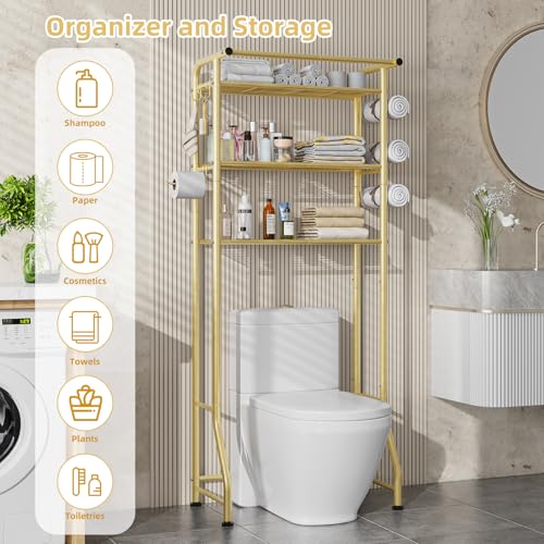 Simple Trending 3 Tier Over The Toilet Rack, Shelf Bathroom, Bathroom Stand Organizer Space Saver, Gold - color: Gold With Towel Rack