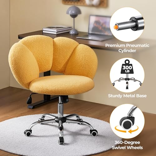 Yaheetech Yellow Petal Boucle Makeup Vanity Desk Chair with Wheels, Swivel | Soft foam-padded boucle fabric fits vanity, bedroom, office or sewing desks; adjustable height, swivel wheels, fast assembly. - color: Yellow