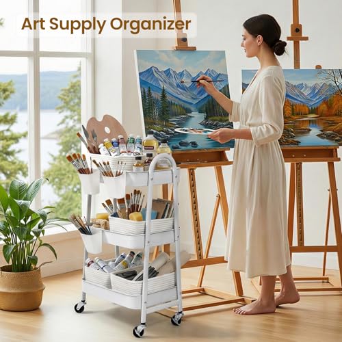 3-Tier Rolling Utility Cart with 4 Woven Baskets, Diaper Book Snack Cart, Storage Organizer for Nursery, Kitchen, Craft Room, Home SPA, Living Room, Metal Frame Trolley on Lockable Wheels, White - color: White