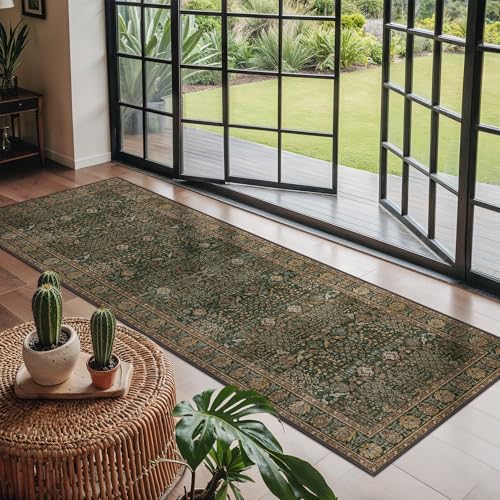 2x6 Kitchen Runner Rug, Washable Non Slip, Dark Green Brown | Vintage Floral, Spill Resistant, Lightweight Low Pile Carpet for Hallway, Bedroom, Laundry Room and Bathroom - color: Dark Green Brown, size: 2' x 6' (Rectangular)