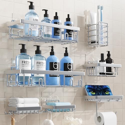 Shower Caddy 7 Pack, Adhesive Bathroom Shower Organizer for Bathroom Storage, No Drilling Large Capacity Rustproof Stainless Steel Shower Shelves Rack for Bath, Silver - color: Silver