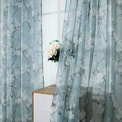 Tollpiz Floral Blue Sheer Curtains Flower Print Vine Embroidery Bedroom Curtain Rod Pocket Voile Window Curtains for Living Room, 54 x 63 inches Long, Set of 2 Panels - color: Blue, size: 54"W x 63"L (Pack of 2)