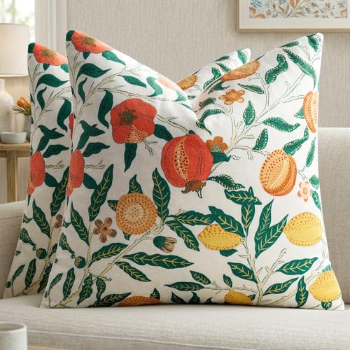 GIGIZAZA Decorative Velvet Pillow Covers 20x20 Colorful Floral Pack of 2 | Throw Pillows for Couch Sofa,Vintage William Morris Pattern,280gsm Thick Soft Fabric,Modern Bed Living Room Decoration - color: Fruit Floral, size: 20" x 20" (Pack of 2)