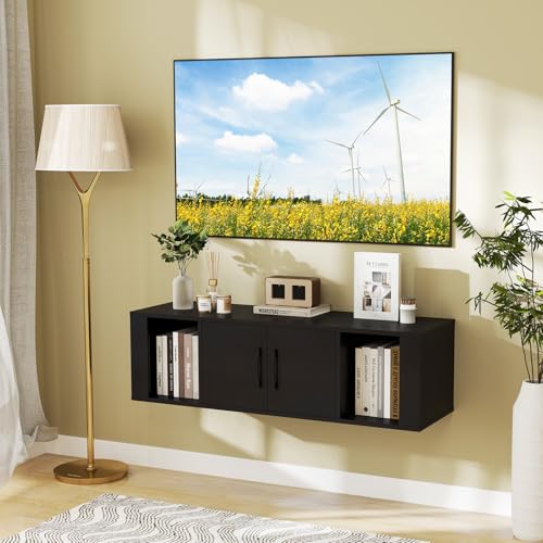 GOFLAME Floating TV Stand, Wall Mounted TV Console Table with Doors, Entertainment Media Center Under TV, Modern TV Cabinet for Living Room, Bedroom, Office, Black - color: Black