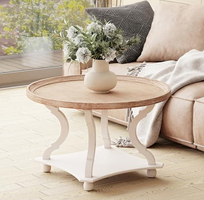 Round Farmhouse Coffee Table with Handmade Finish, Wood Tray Top Rustic Coffee Table for Added Thickness, Accent Table with Storage for Living Room, Small Place, White, Circle - size: 1-Pack Coffee Table