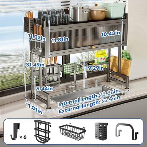 Hdrriozu Over the Sink Dish Drainer Drying Rack 3 Tier with Cover | Rust resistant built to last. Easy install simple tools. Holds all dishes glasses bowls. Space saving over sink tidy kitchen. - color: Matte gray