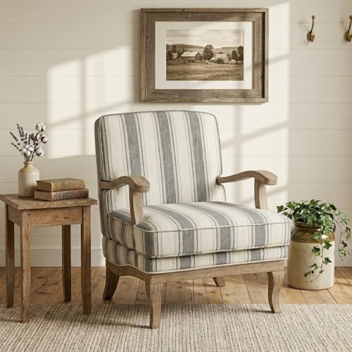 HULALA HOME Farmhouse Striped Accent Chair with Solid Wood Legs, Dark Grey | Comfy Upholstered Patterned Armchair with Curved Armrests, Removable Cushion, for Living Room Bedroom Reading - color: Dark Grey